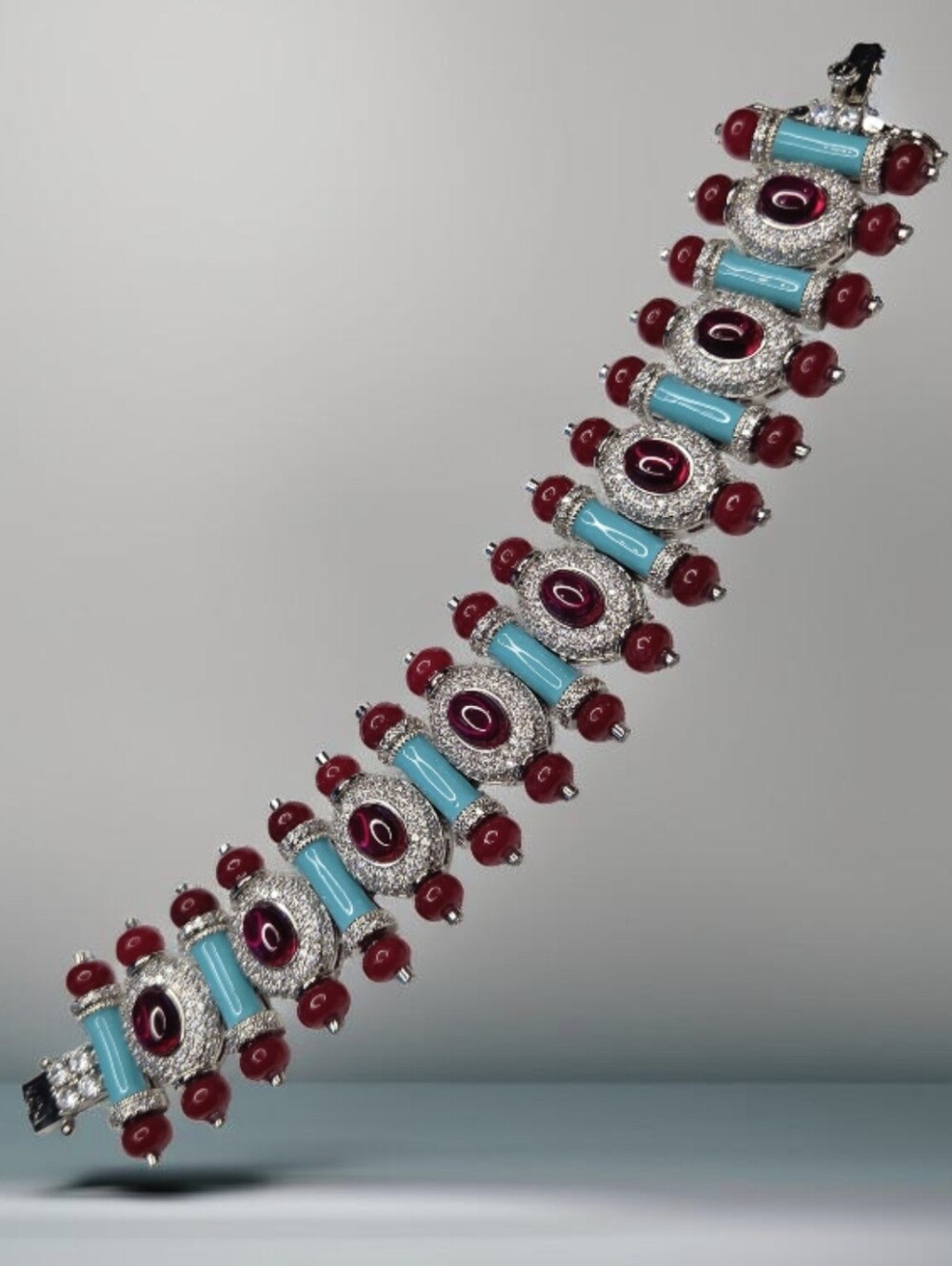 Exquisite Silver Oval Ruby Glass Cabochon Turquoise Enamel Pave Crystal Bracelet - Picture 3 of 7